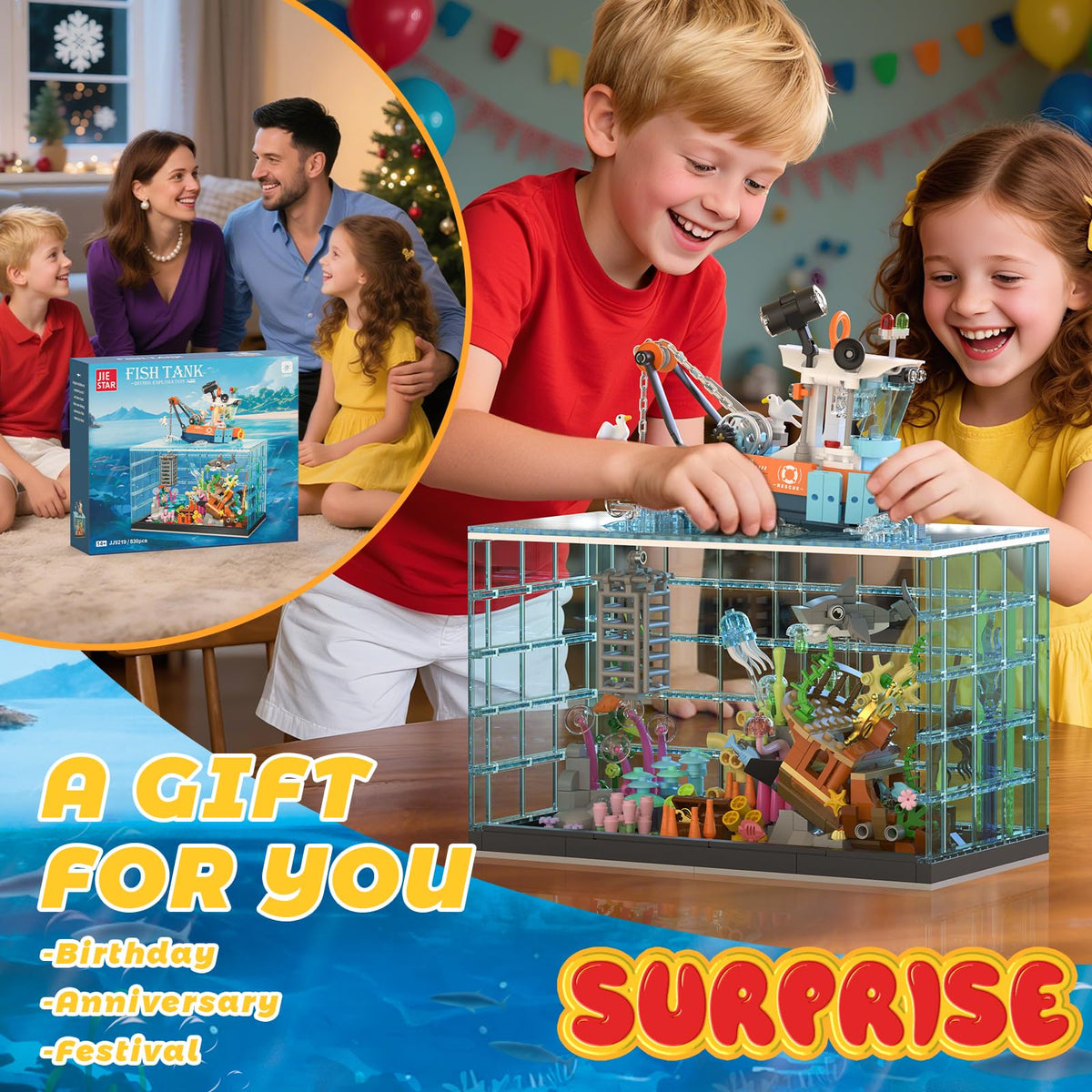 NERCISU fish tank building set glowing adventure light adds ambiance for evening play sessions.