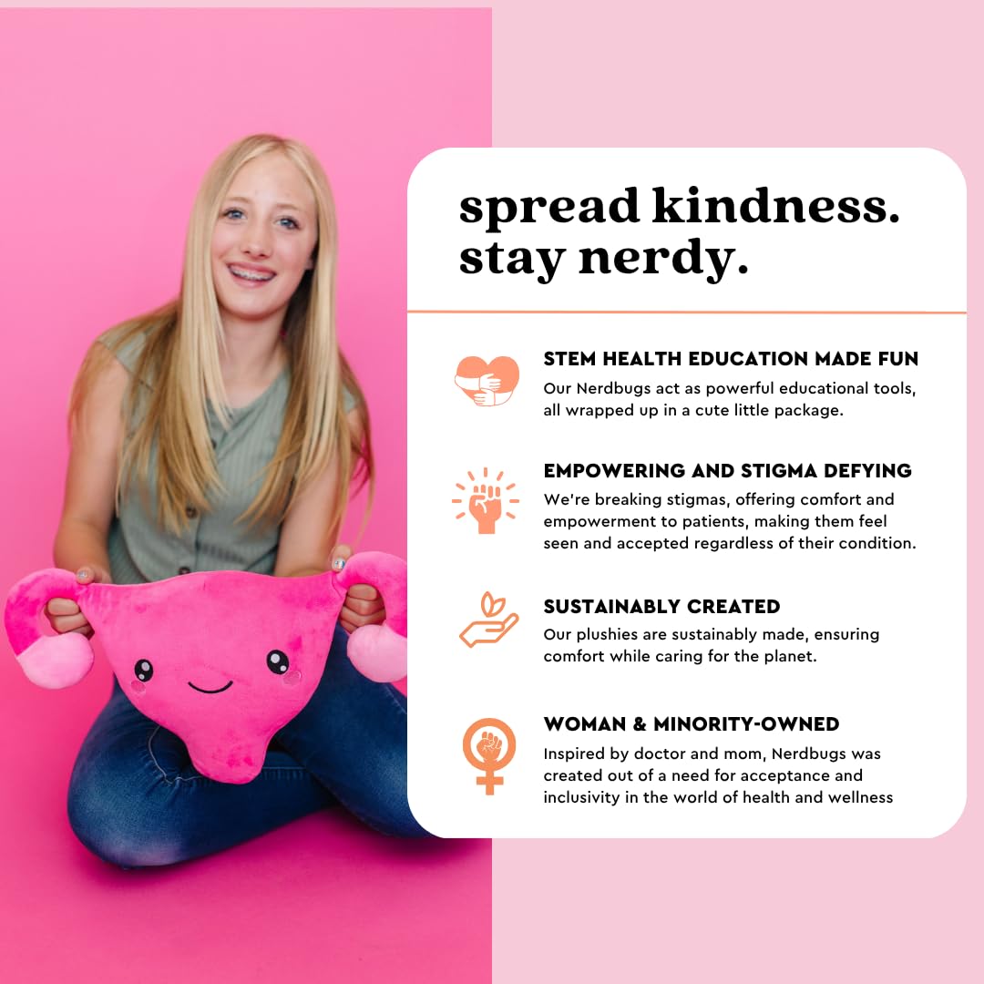 Nerdbugs Uterus Plush measures 11 by 10 inches for versatile desk or bed use.