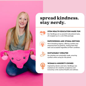 Nerdbugs Uterus Plush measures 11 by 10 inches for versatile desk or bed use.
