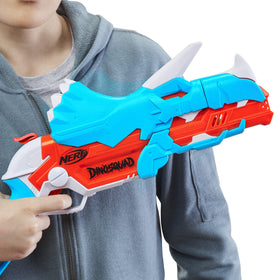 Nerf DinoSquad Tricera-Blast barrel-open moment ready for darts