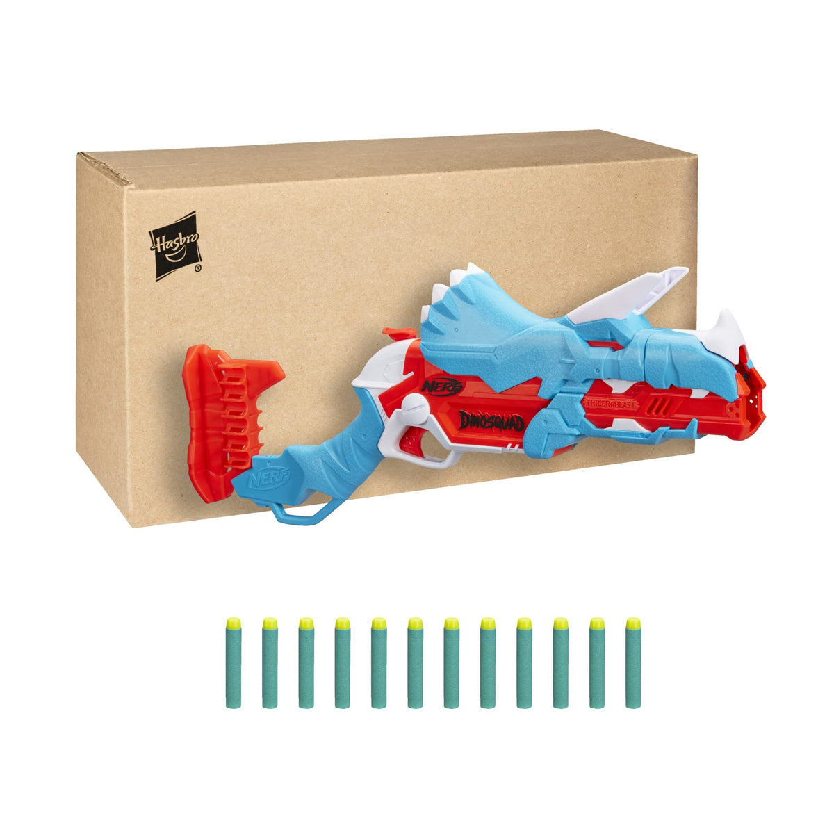 Nerf DinoSquad Tricera-Blast break-open loading barrel enables quick reloads