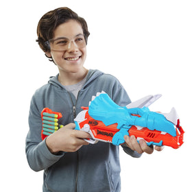 Nerf DinoSquad Tricera-Blast dart flight for safe outdoor fun