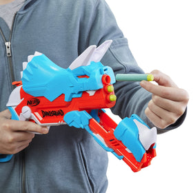 Nerf DinoSquad Tricera-Blast hammer-priming action for one-dart shots