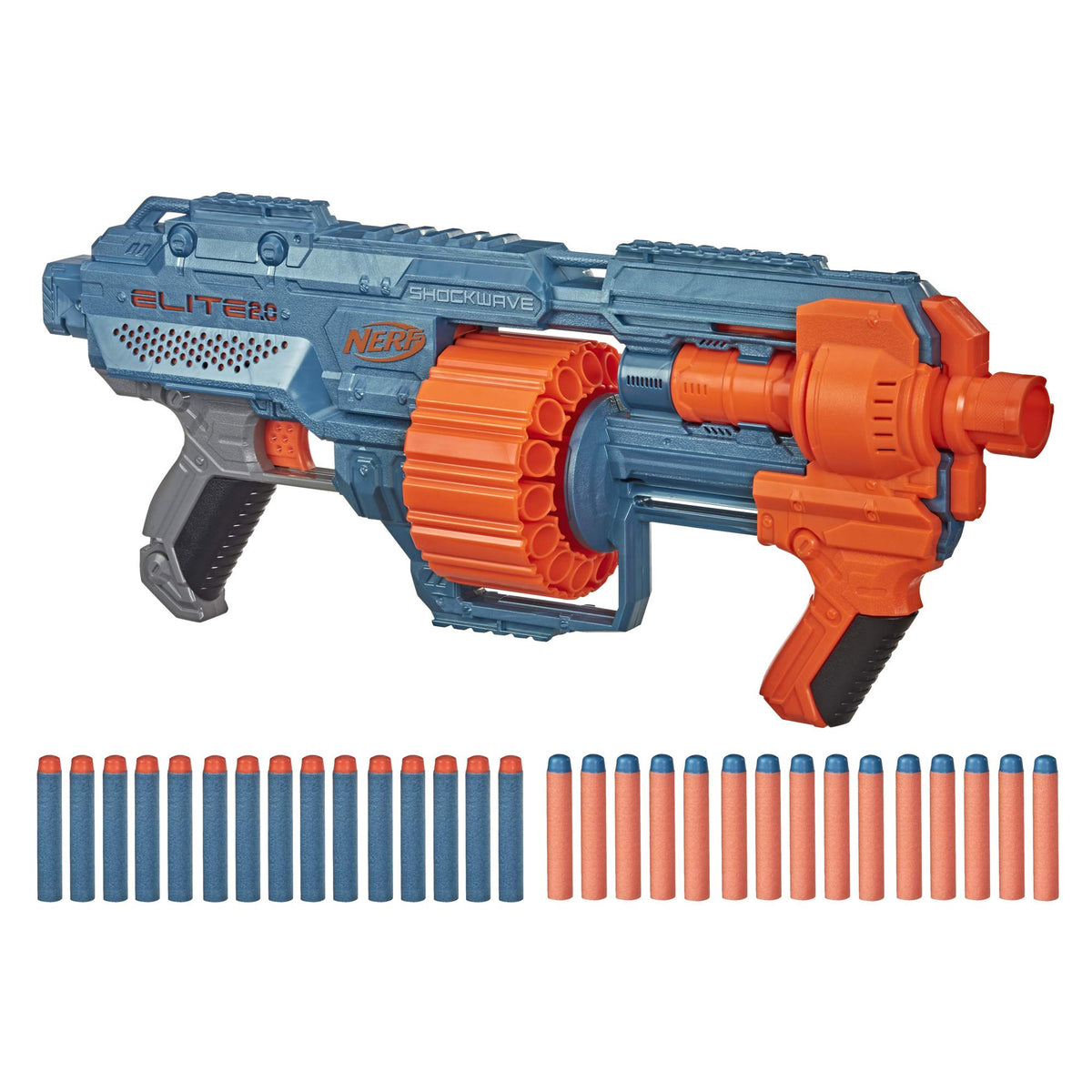 Nerf Elite 2.0 Shockwave RD-15 drum shows 15-dart capacity for quick bursts.