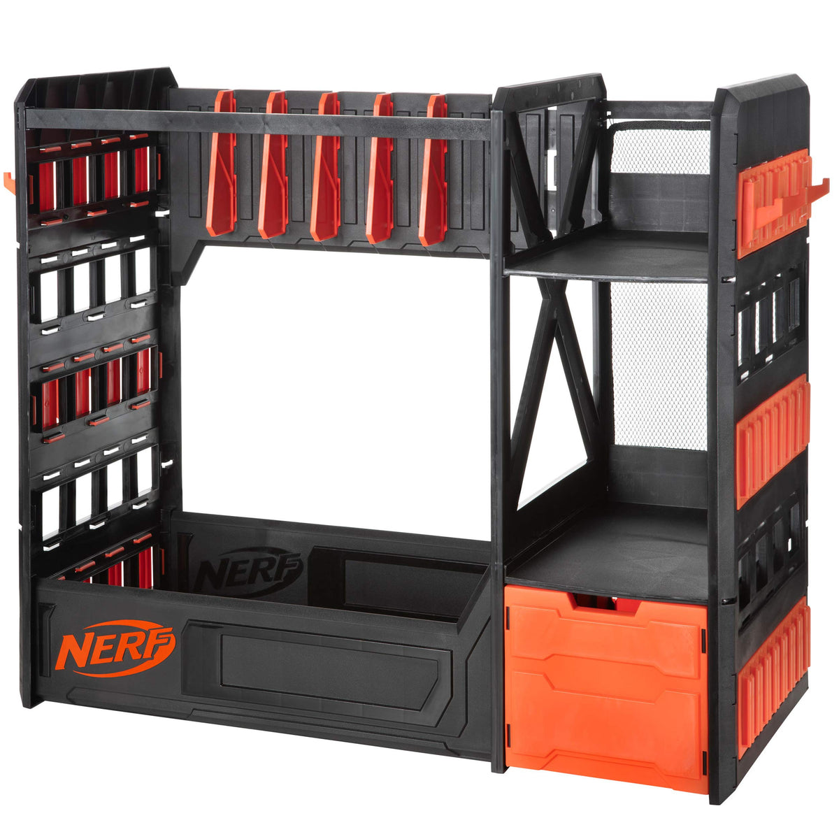 Nerf Elite Blaster Rack with drawer open for easy ammo access.