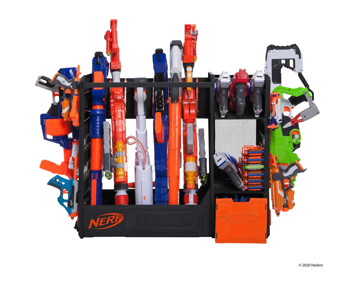 Nerf Elite Blaster Rack shelves display blasters and darts neatly.