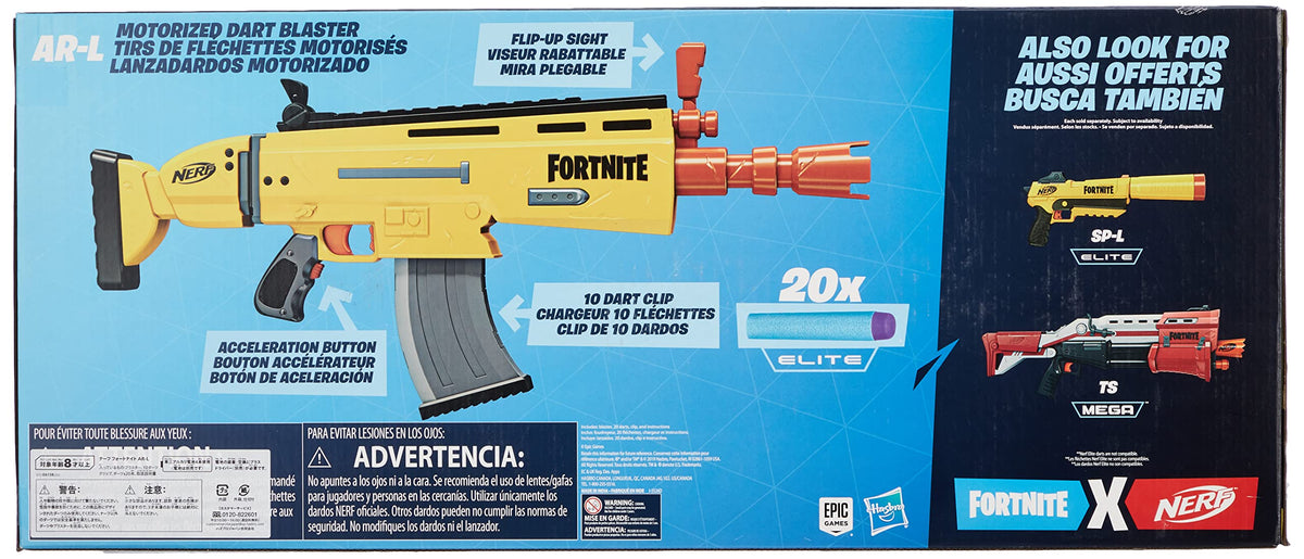 Nerf Fortnite AR-L blaster flip-up sights for improved aim.