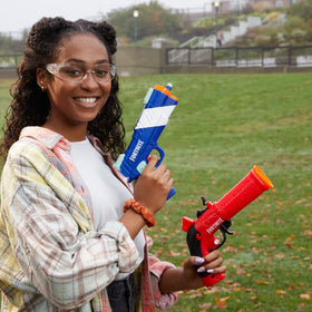 Reload-ready action shot featuring Nerf Fortnite blasters.