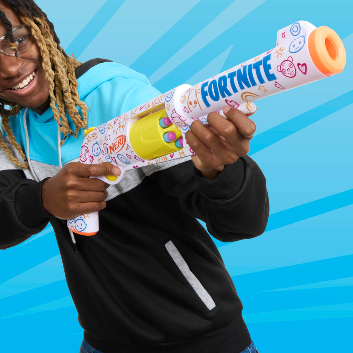 Nerf Fortnite Frenz 4 Ever 6 dart drum shown in action for rapid rounds.