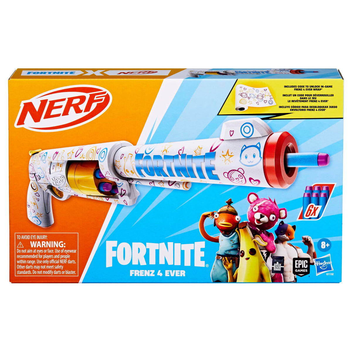 Nerf Fortnite Frenz 4 Ever wrap design on the blaster adds game-inspired style for collectors.