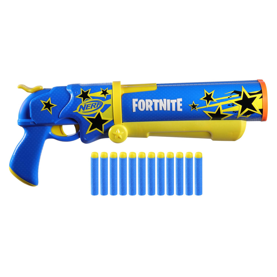 Nerf Fortnite Half Tone Hero blaster with wrap and darts for action-packed play.