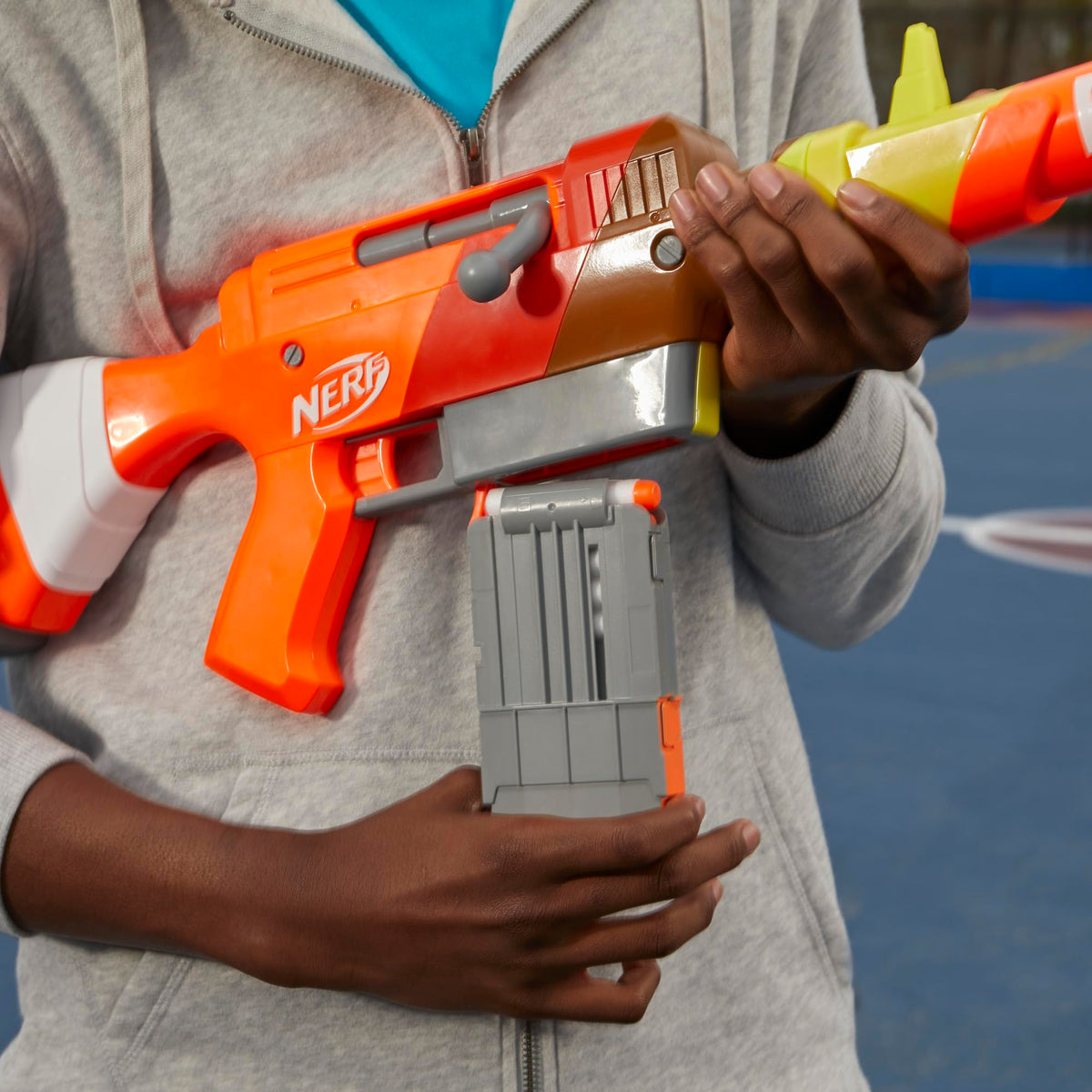 Nerf Fortnite HR rotating bolt-action feature for realistic priming motion.