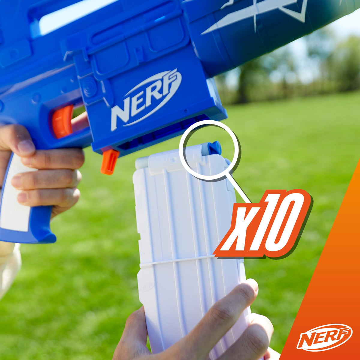 Motorized 10-dart blasting action for fast-paced play