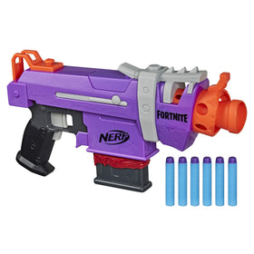 Nerf Fortnite SMG-E Blaster front view shows compact, ready-to-fire design.