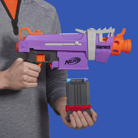 Nerf Fortnite SMG-E Blaster throttle button enables motorized action.