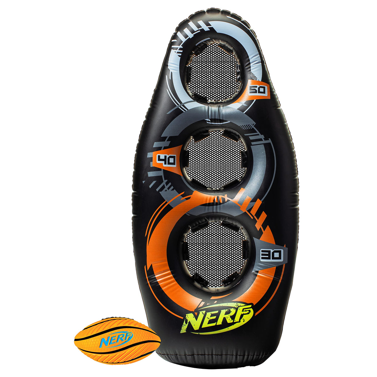 NERF inflatable target stands 50 inches tall for easy outdoor accuracy practice.