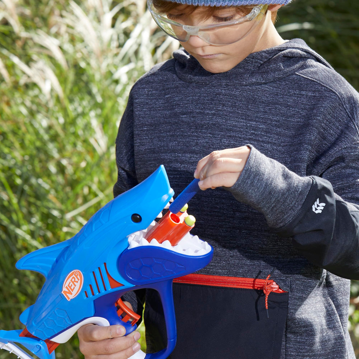 NERF Junior Wild Sharkfire low-pull handle supports easy blasting for small hands