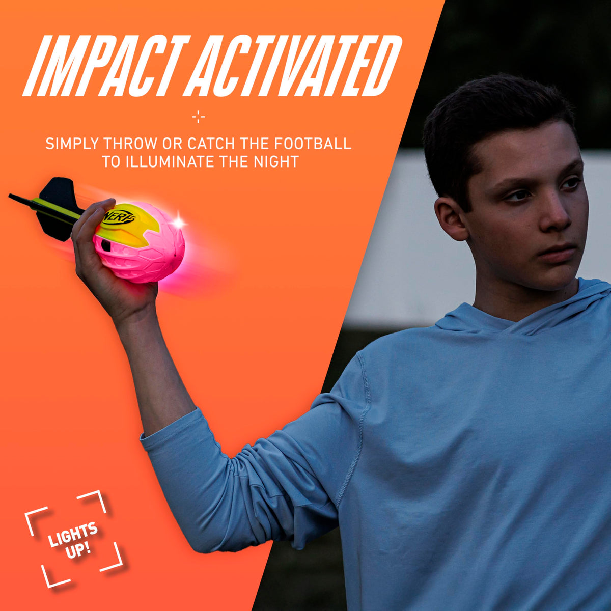 Nerf Lightstrike Vortex Football includes built-in whistles for audible flight feedback.