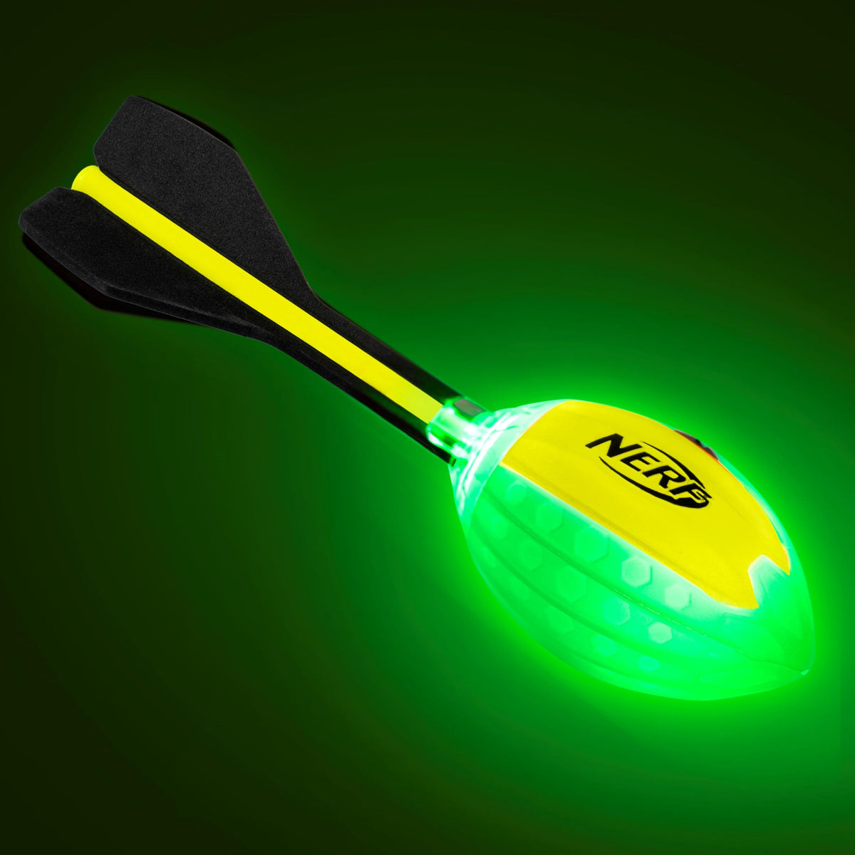 Nerf Lightstrike Vortex Football with color-changing LEDs lights up night passes clearly.