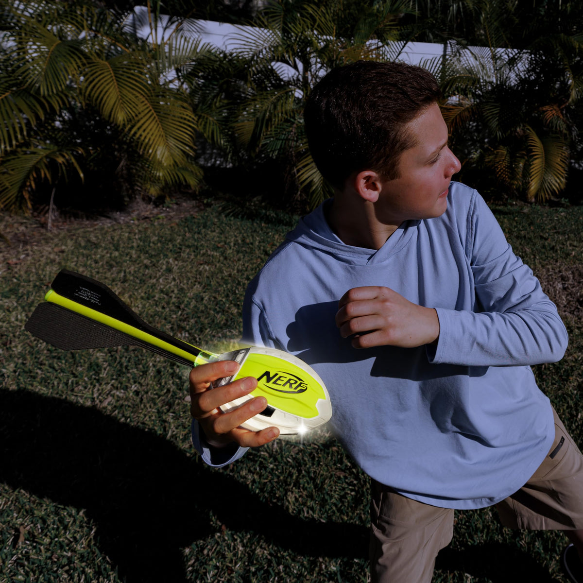Nerf Lightstrike Vortex Football ships with batteries included for ready-to-play fun.