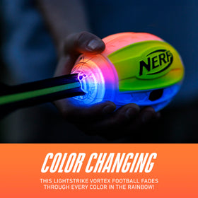 Nerf Lightstrike Vortex Football uses impact-activated LEDs for instant night visibility.