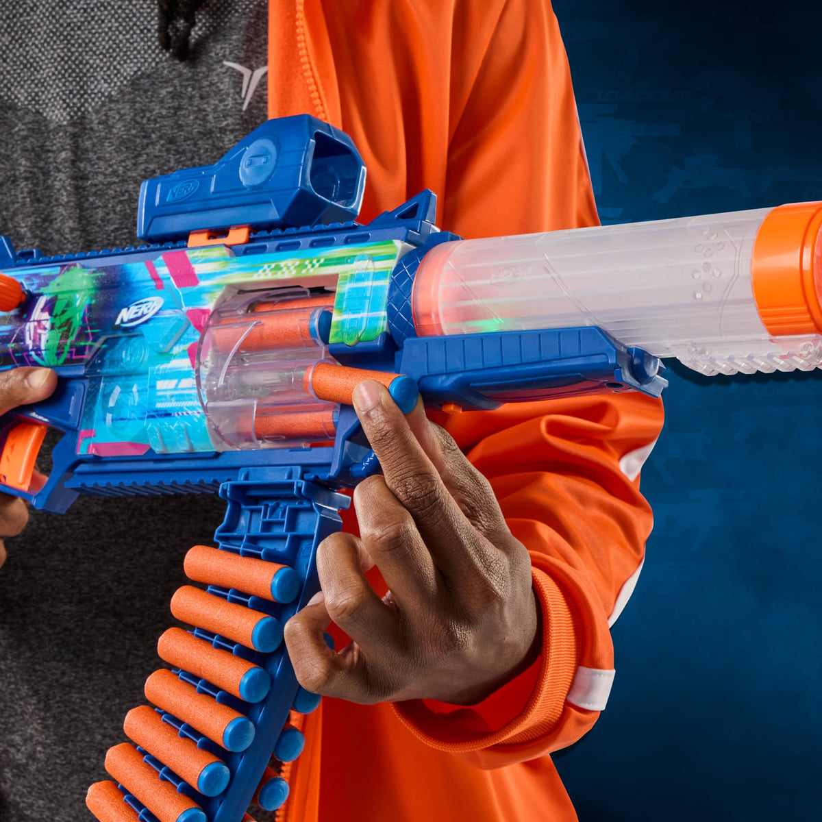 Nerf Loadout Cyberlight Ghost 6-dart cylinder enables quick bursts.