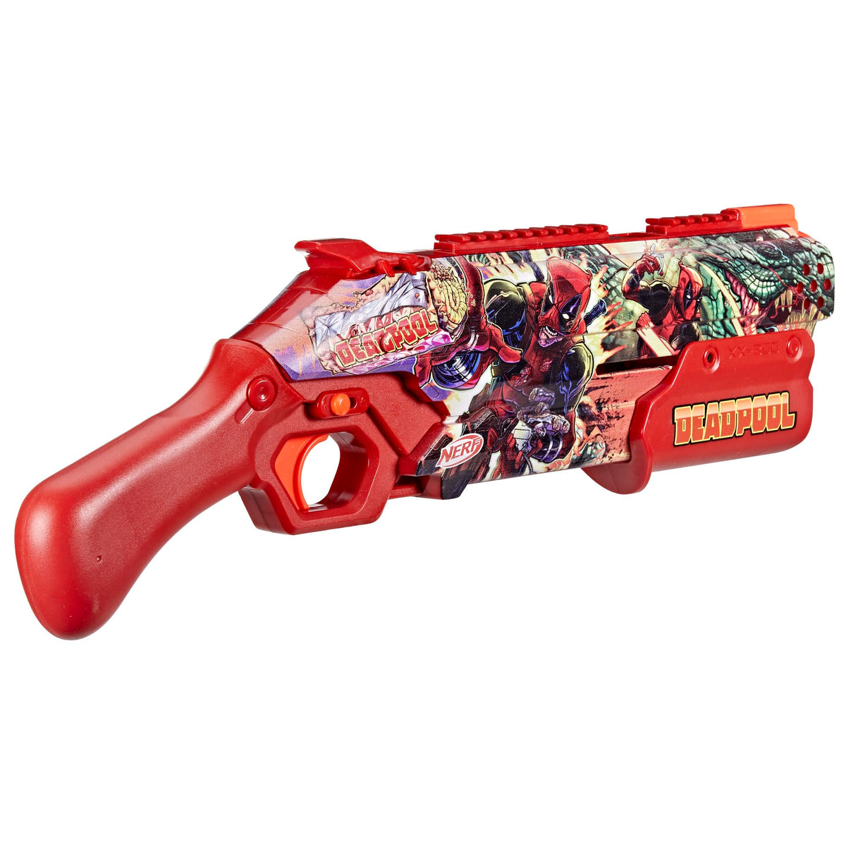 Nerf Marvel Deadpool blaster with 8-round capacity ready for quick volleys in games