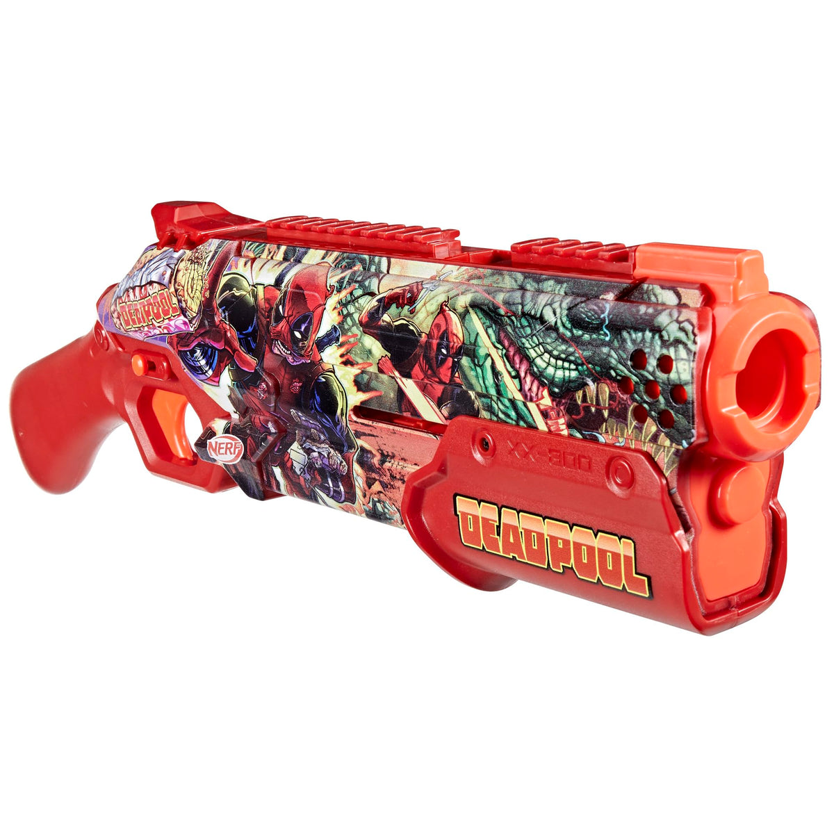 Nerf Marvel Deadpool blaster breech-load image highlights simple rounds loading