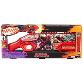 Nerf Marvel Deadpool blaster design side view showing bold artwork