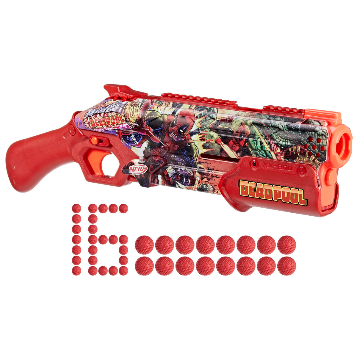 Nerf Marvel Deadpool blaster front view shows bold designs for epic Nerf battles