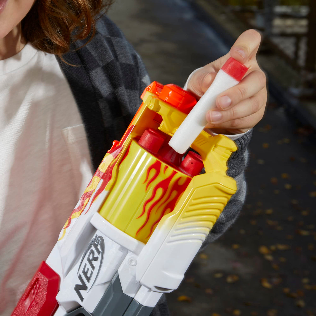 Side view of Nerf Mega CycloneShock Hotrod blaster showing design details.