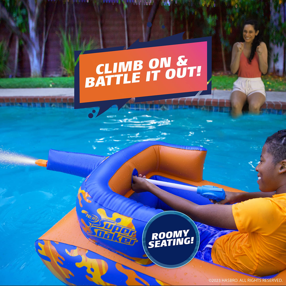 NERF Megaforce Battle Tank durable materials withstand pool play.