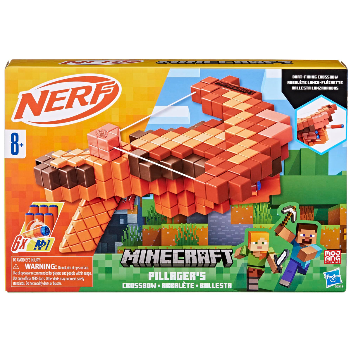 Nerf Minecraft Pillager's Crossbow dart cylinder shows six-dart capacity in use.