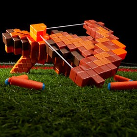 Nerf Minecraft Pillager's Crossbow with six N1 darts ready for range shots.