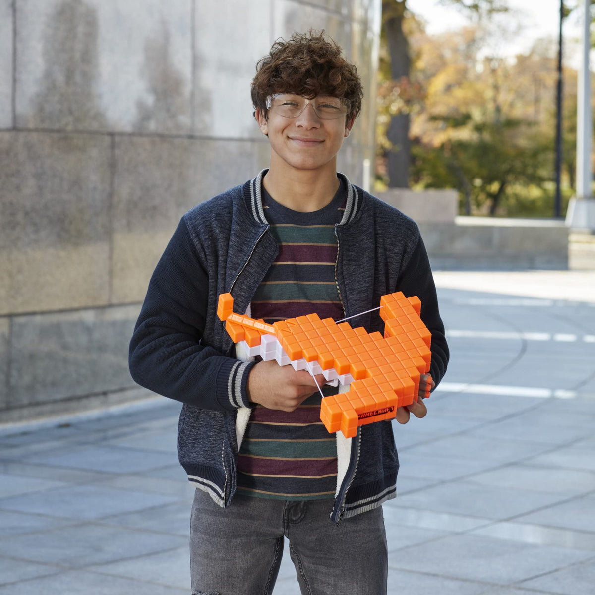 Nerf Minecraft Pillager's Crossbow firing motion during a mock battle.