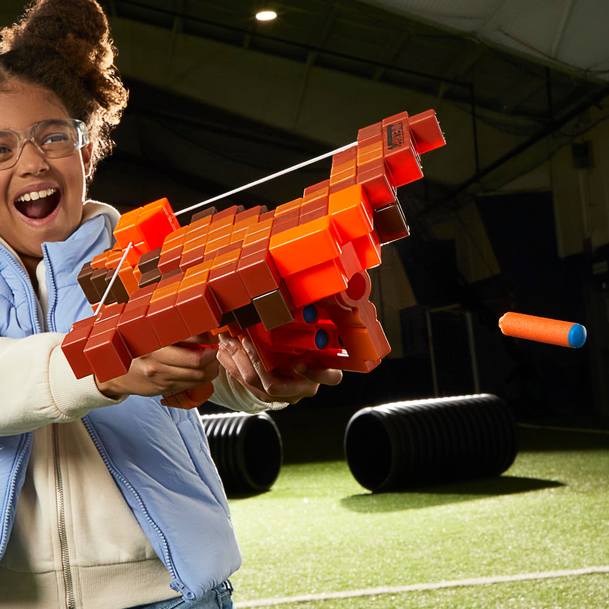 Nerf Minecraft Pillager's Crossbow outdoor play scenario with targets.