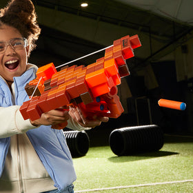 Nerf Minecraft Pillager's Crossbow outdoor play scenario with targets.