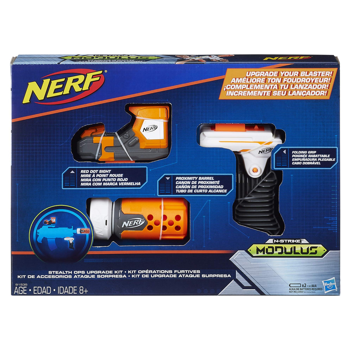 Nerf Modulus Stealth Upgrade Kit components spread out for easy customization and upgrades.