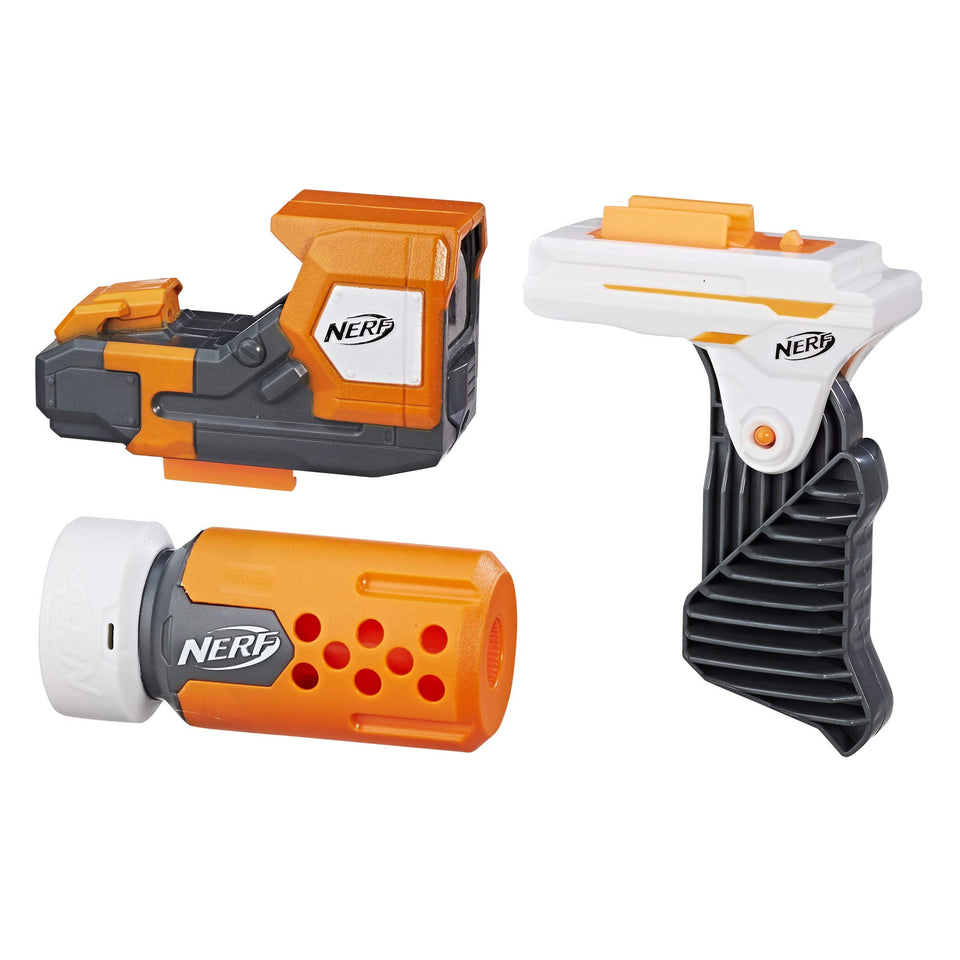 Nerf Modulus Stealth Upgrade Kit front view with modular parts for customizable blaster builds.