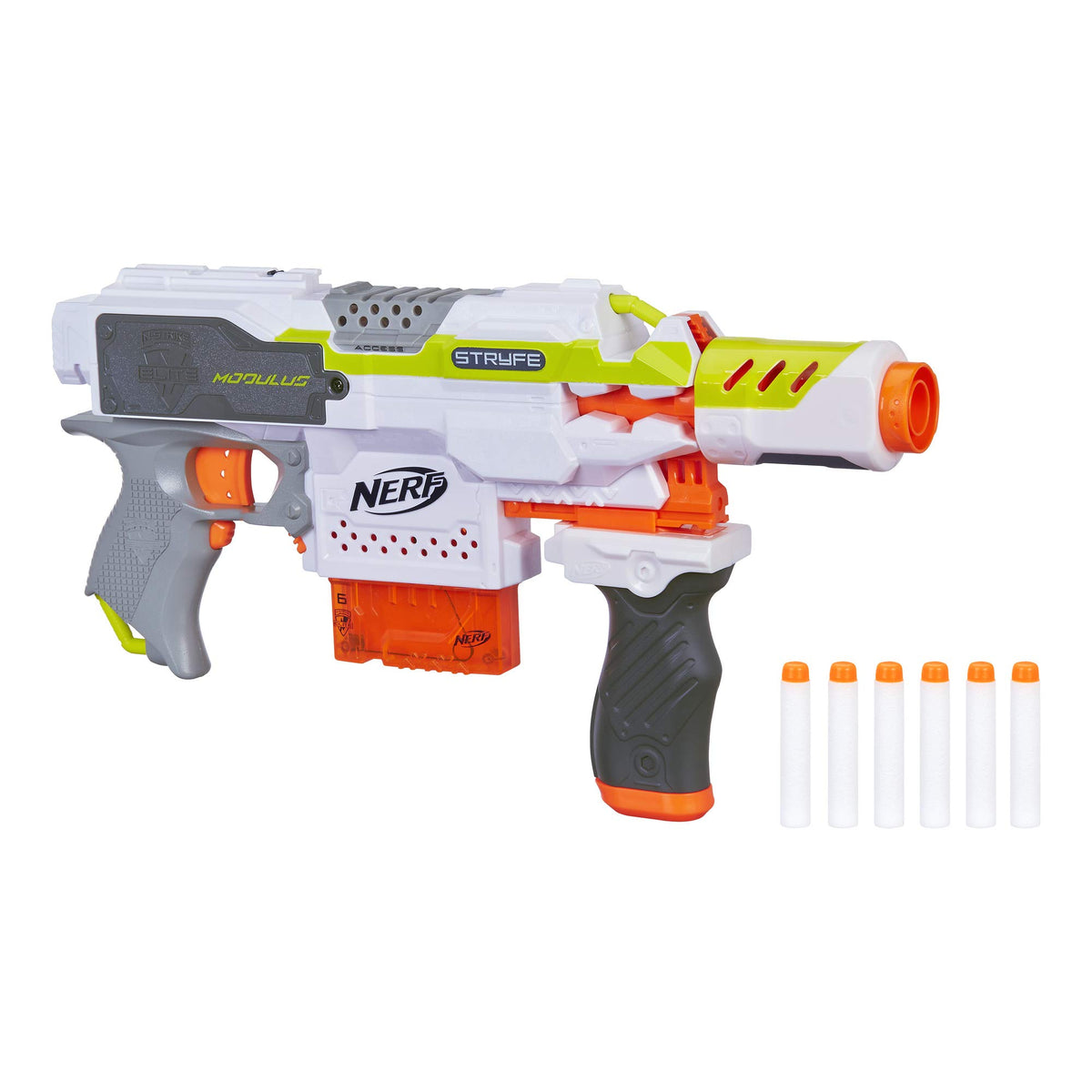 Nerf Modulus Stryfe front view highlighting compact motorized blasting for quick plays