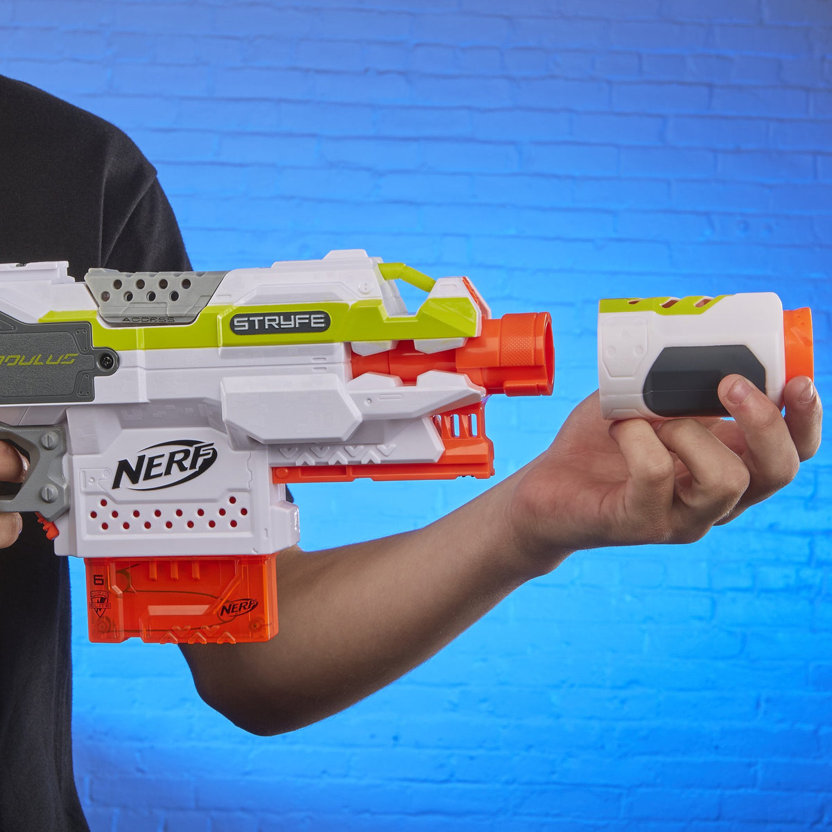 Nerf Modulus Stryfe one-handed firing setup during action