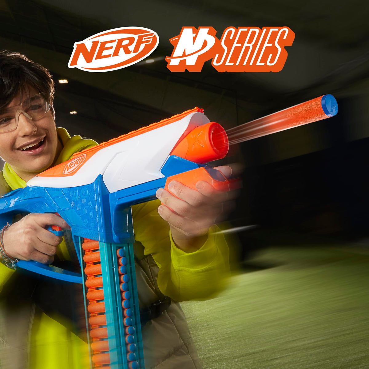 Nerf N Series Infinite Blaster with 16-dart storage visible on belt.