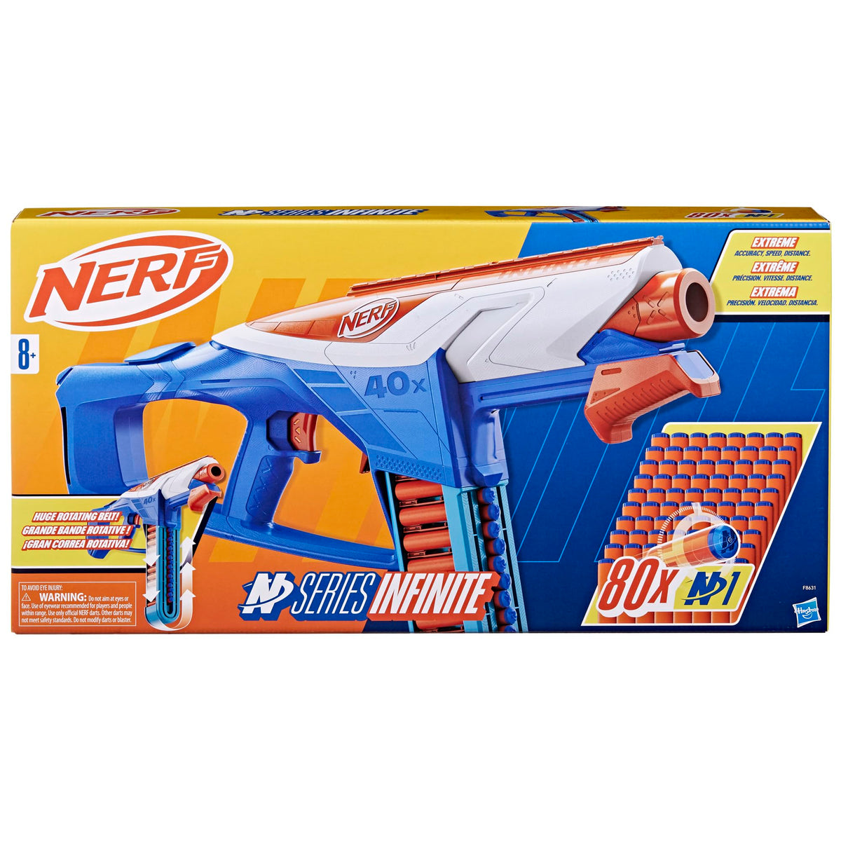 Nerf N Series Infinite Blaster belt close-up highlighting 40-dart capacity.