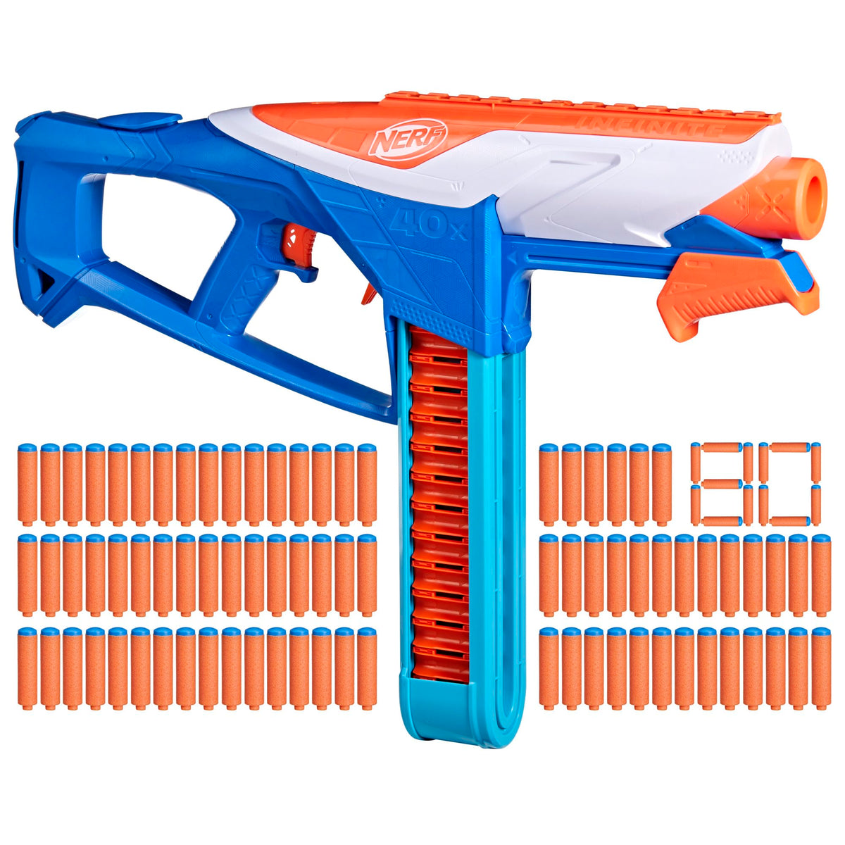 Nerf N Series Infinite Blaster with belt for fast reloads during play.