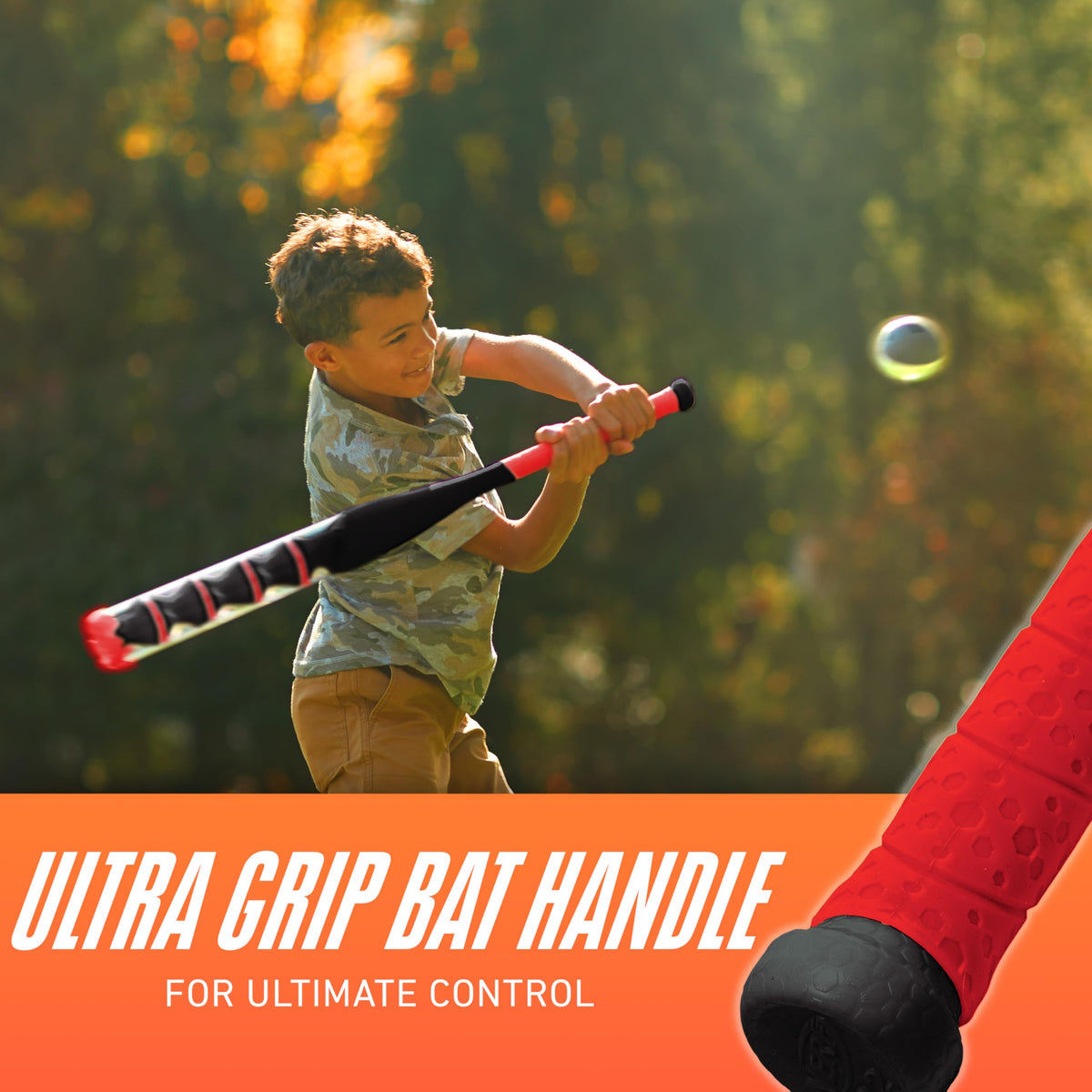 NERF Power Blast bat with extra grip handle for precise line drives.