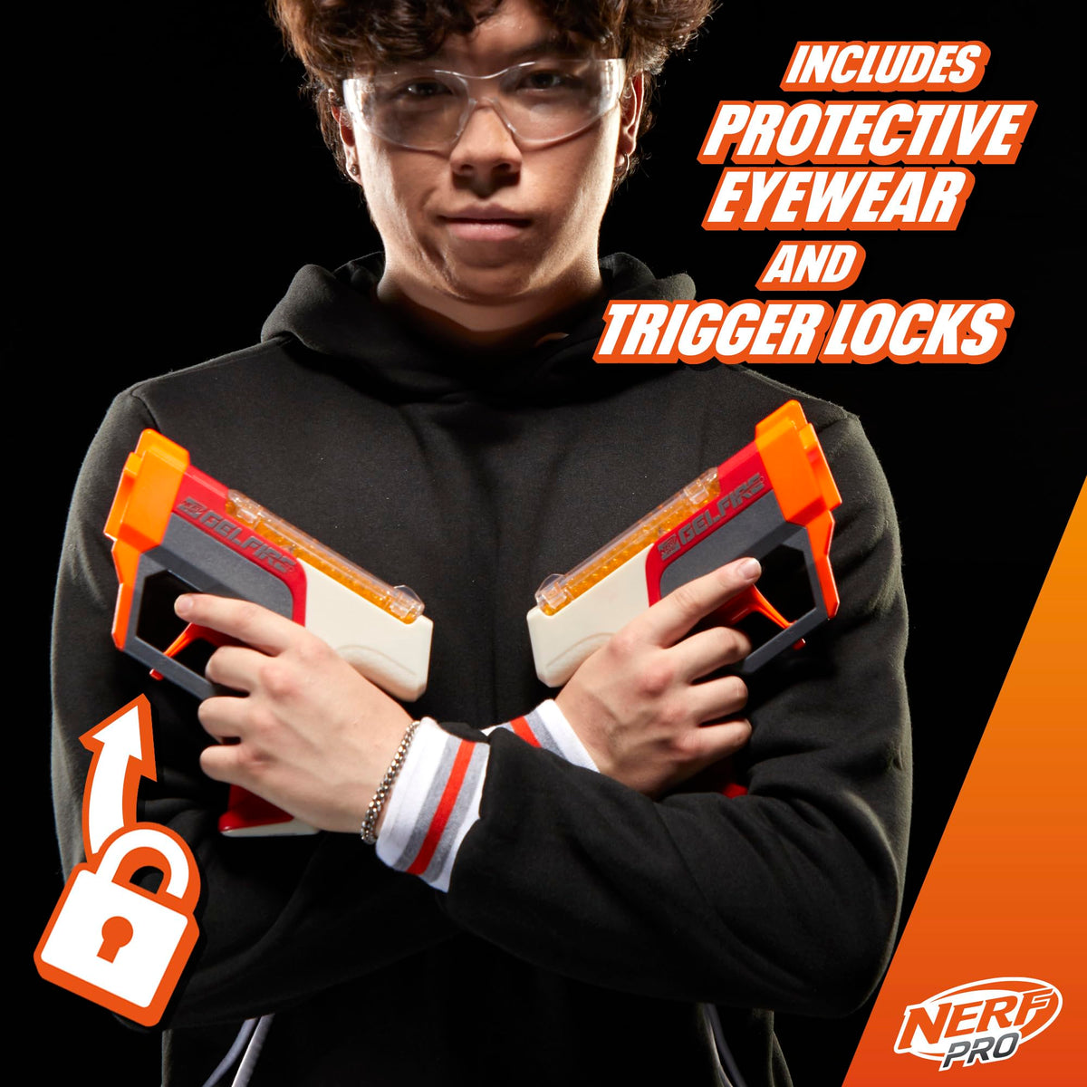 Nerf Pro Gelfire trigger lock helps secure blaster when idle.