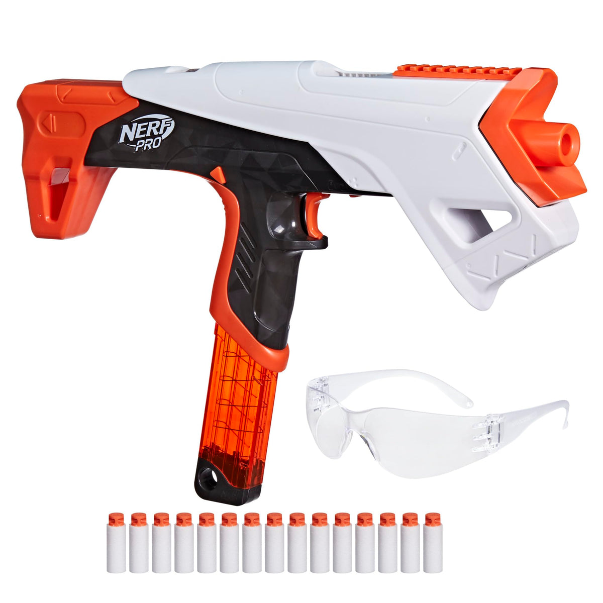 Nerf Pro Torrent half-length blaster with pump action for versatile play.