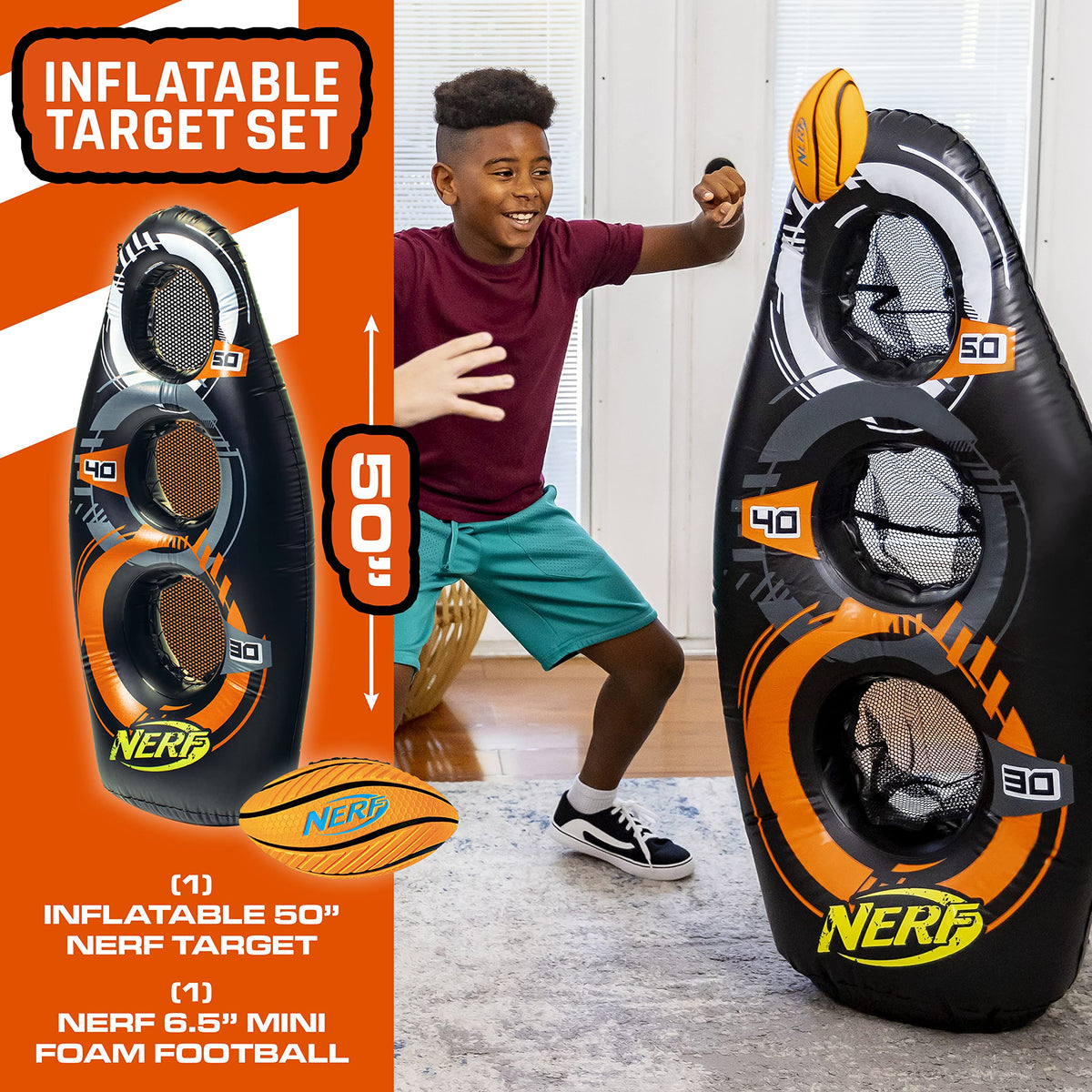 NERF ProShot mini foam football included for quick, fun throwing drills.