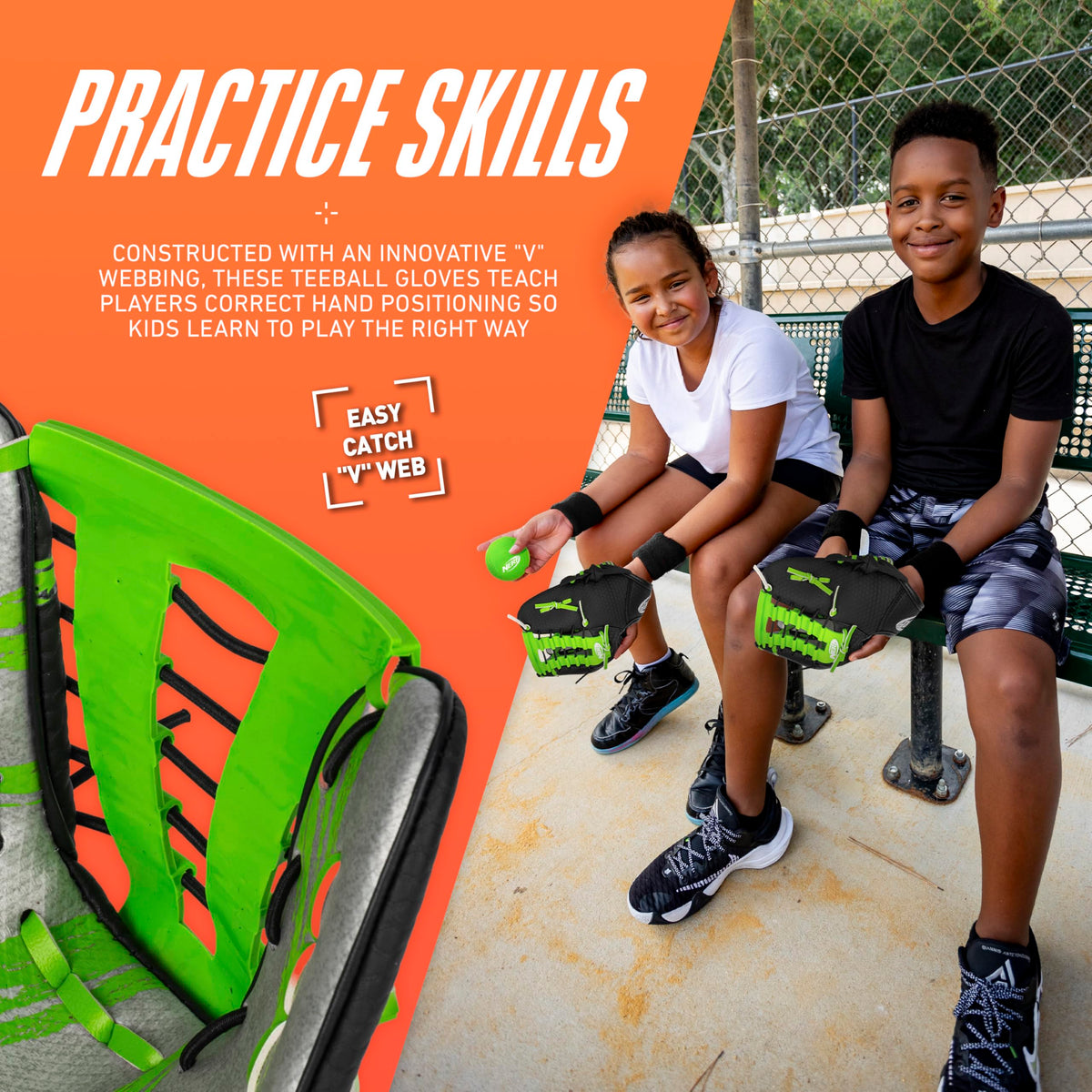 NERF Proshot teeball glove with V web for proper hand positioning