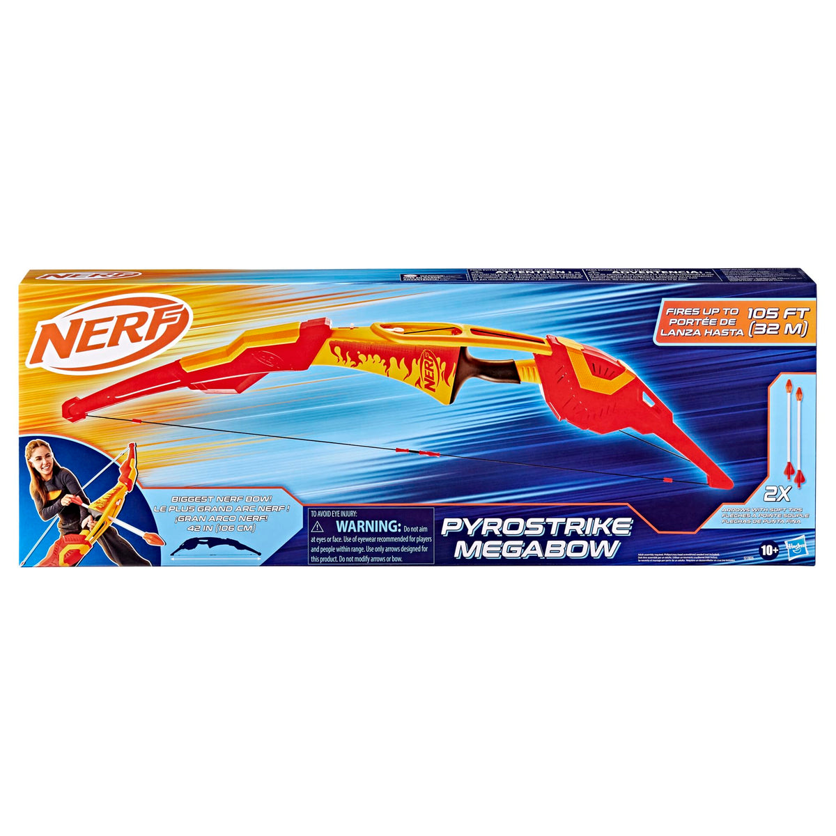 Nerf Pyrostrike Megabow flame design on both sides enhances outdoor play visuals